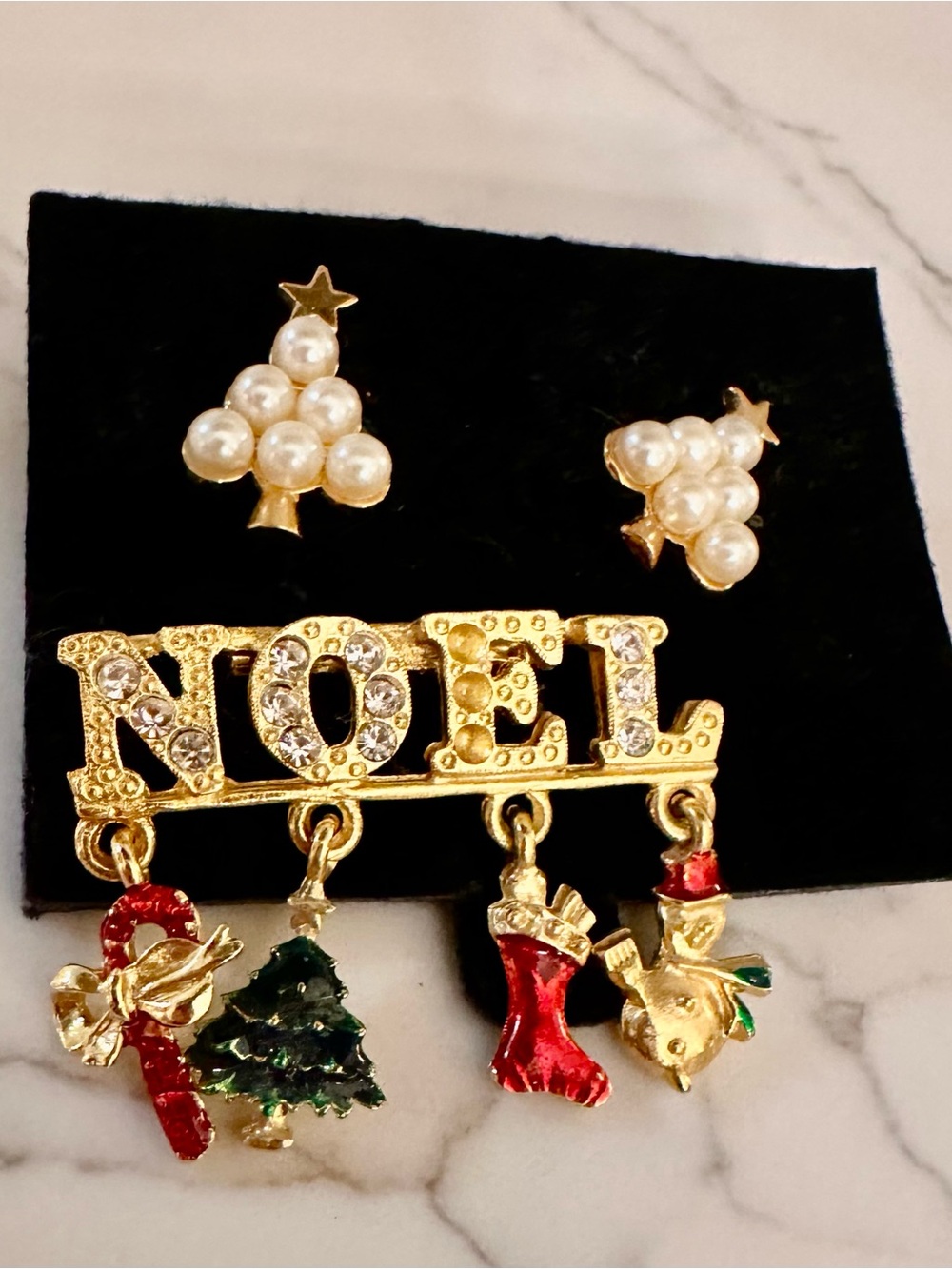 NOEL Gold-Tone Christmas Charm Brooch and Pearl Tree Earrings Set